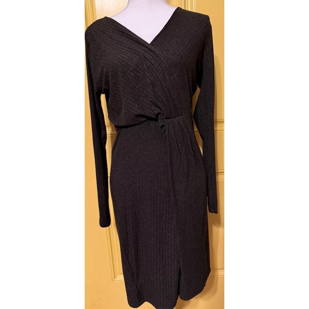 Ann Taylor Shimmery Gray Wrap Dress Knot SZ Medium Slim Long Sleeve Chic Career